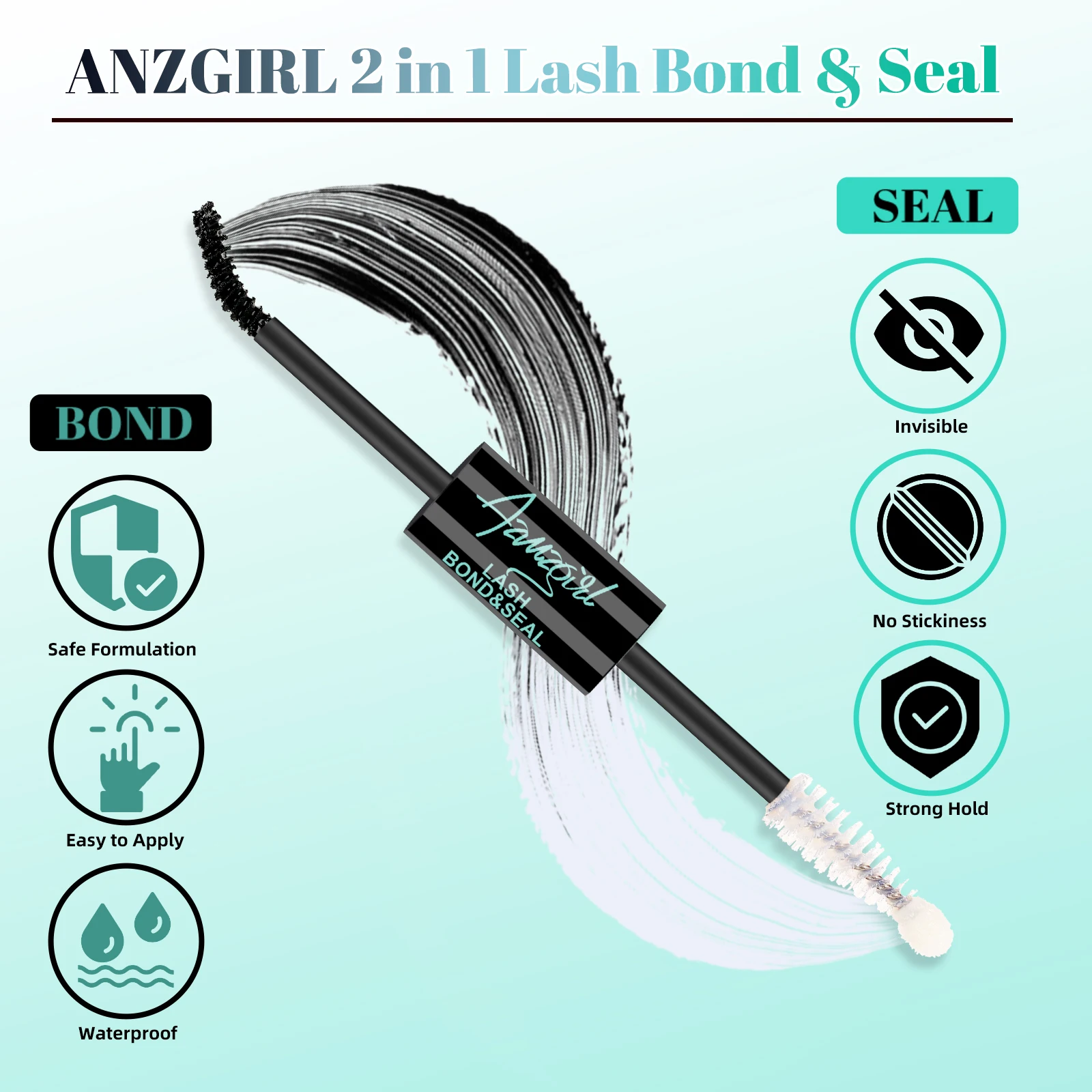 Amzgirl Lash Waterproof Bond and Seal Eyelash Cluster Glue10ml Long Lasting 72 Hours Black Cluster Lash Glue + Lash Seal 2 in 1