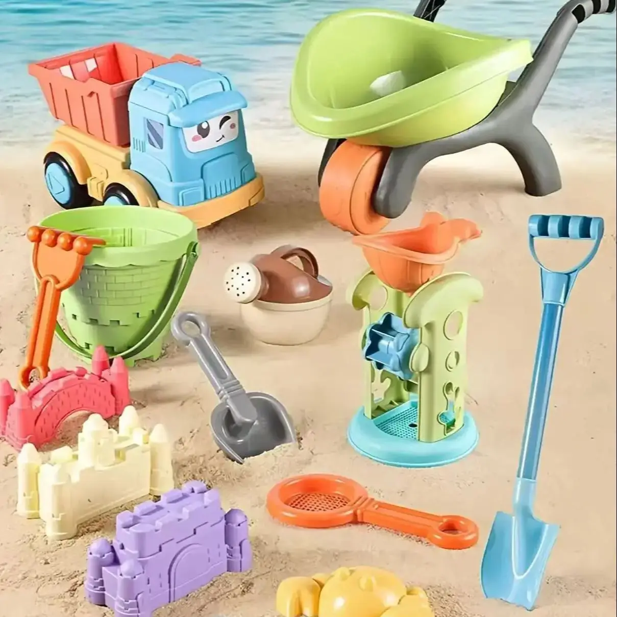 Set di giocattoli per sabbia da spiaggia per bambini addensati di alta qualità Kit da gioco per sabbiera da esterno durevole con stampi a secchiello per pala per giocattoli estivi per bambini