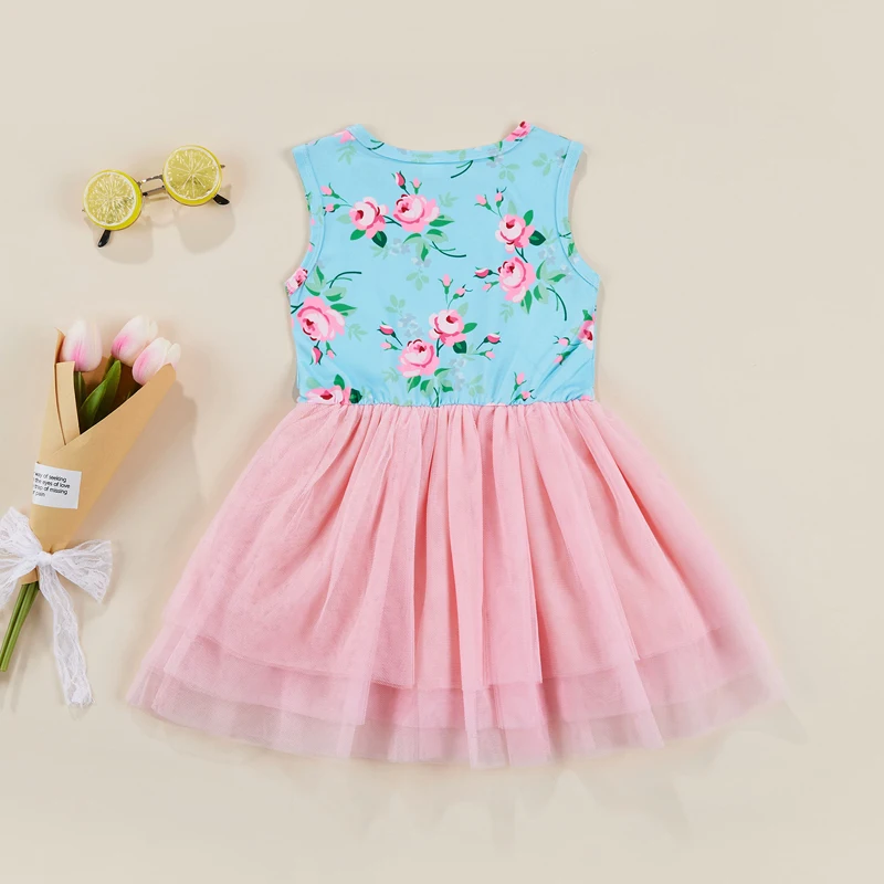 Easter Bunny Sleeveless Dress with Floral Embroidery Mesh Detailing and Sweet Style for Kids Spring Outfit