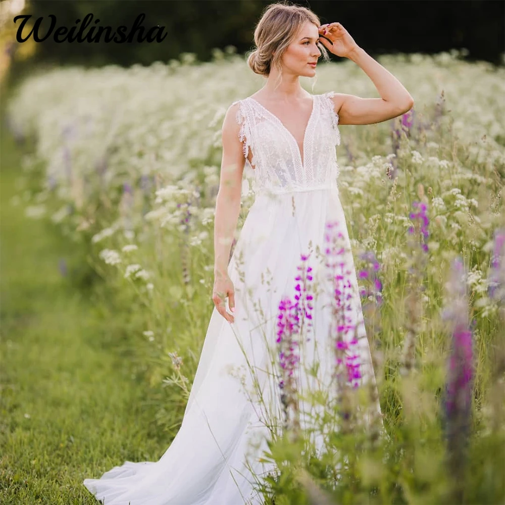 

Weilinsha Classic Wedding Dress for Woman Elegant V Neck Lace Sleeveless Backless Bridal Gowns Tulle Court Train Robe De Mariee