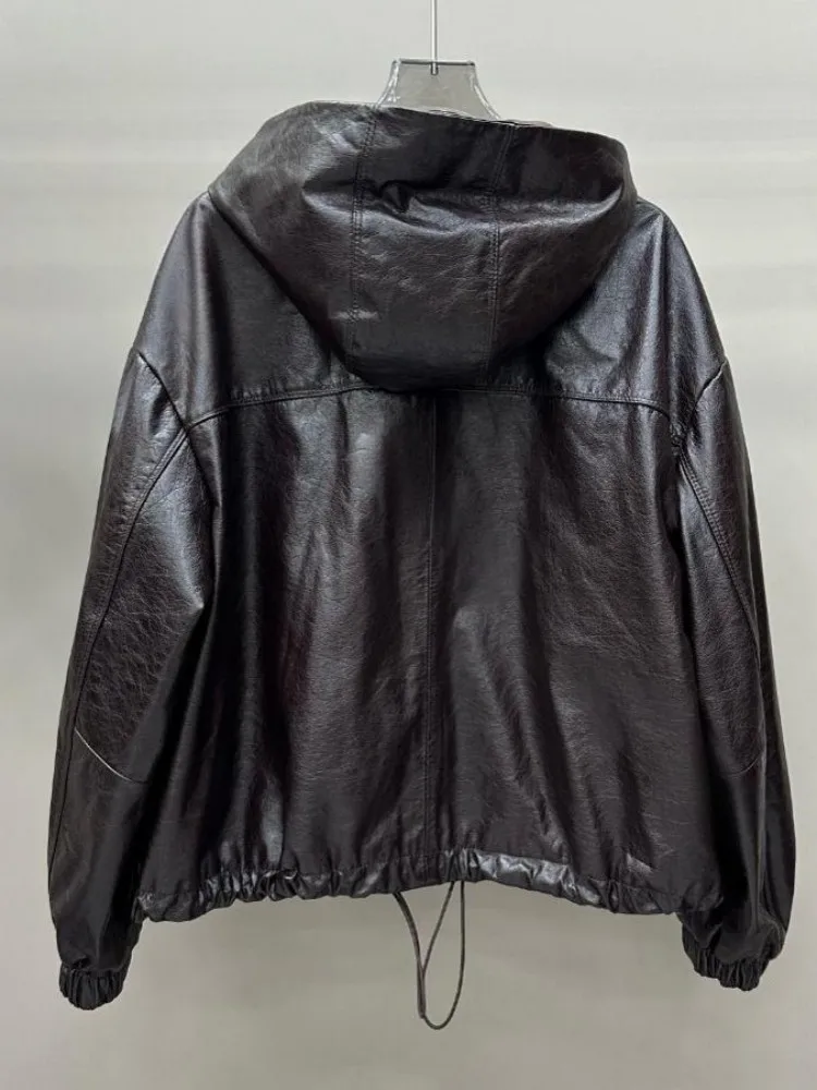 Veste à capuche en cuir véritable pour femme, Style loisirs, couleur unie, peau de vache, manches longues, fermeture éclair ample, vêtements d'extérieur à la mode