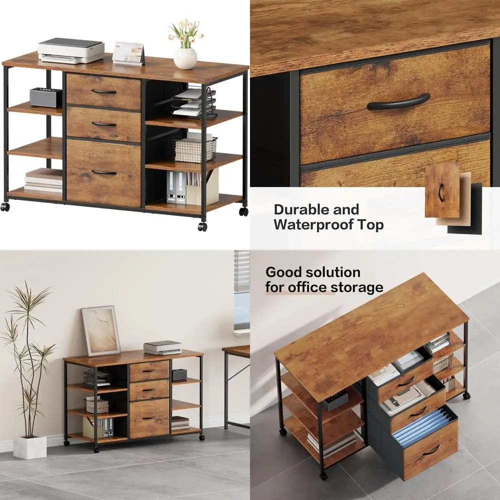 خزانة ملفات جانبية من القماش ذات 3 أدراج مع حامل طابعة دوارة، بني ريفي للمكتب المنزلي #1
