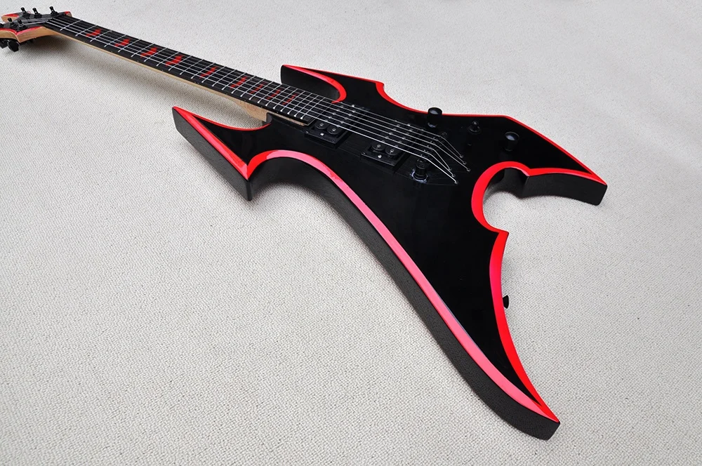 Unusual Shape Black Body Electric Guitar with Rosewood Fretboard,Black Hardware,Red binding,Provide Customized Services