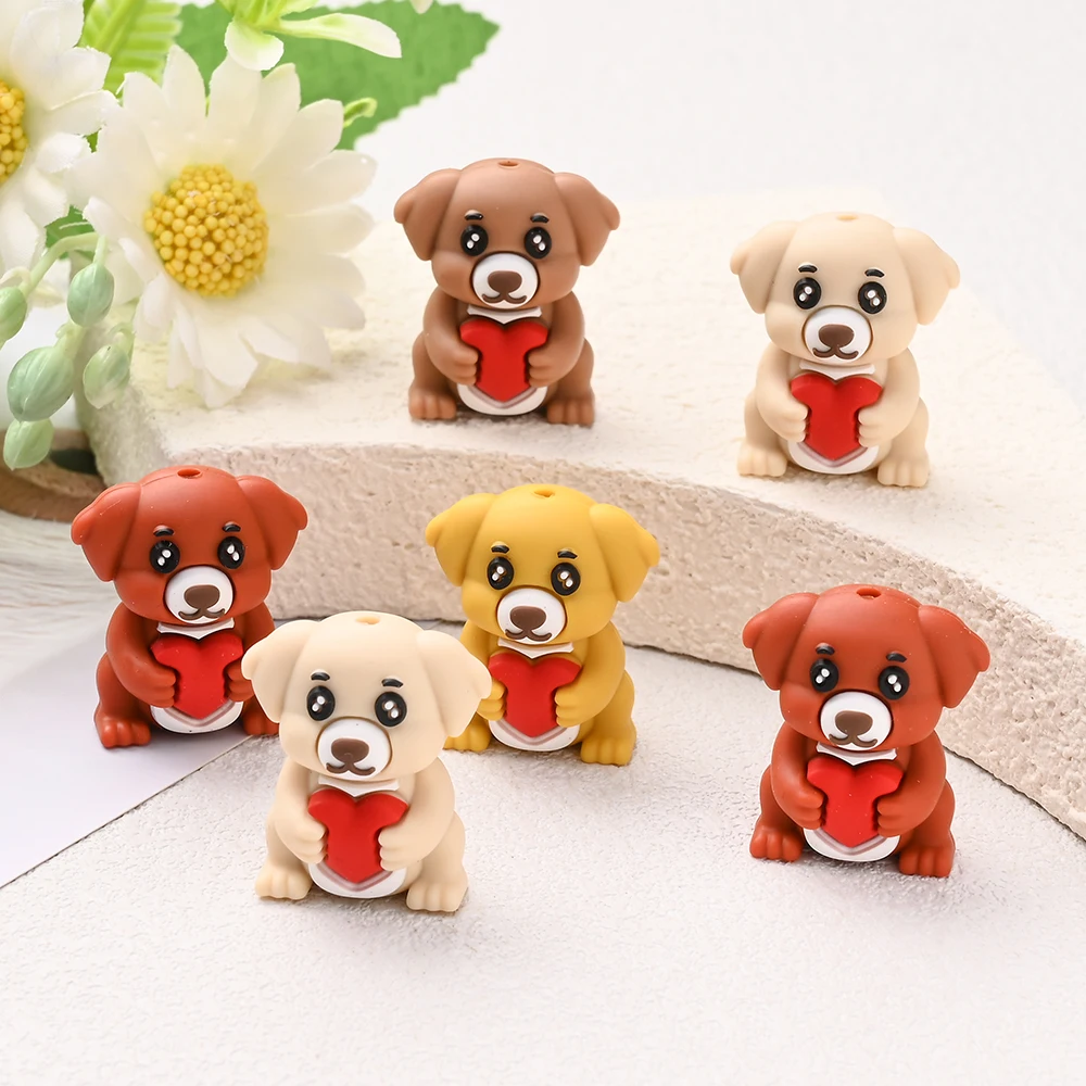 

4 шт. 3D-бусины в форме сердца с собачками, силиконовые бусины для рукоделия, изготовления цепочек для пустышек, брелоков, аксессуаров для украшений