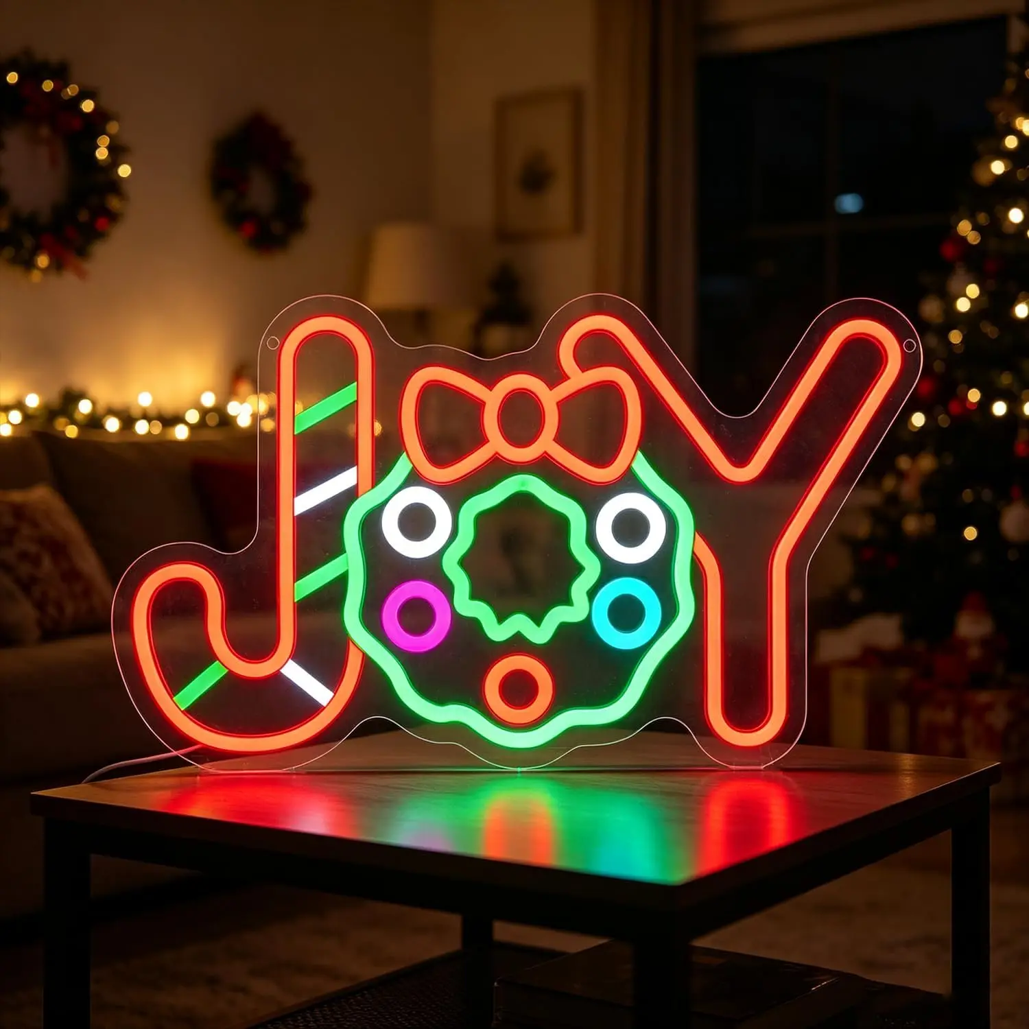 JOY Christmas Neon Sign LED Wreath Bow Neon Light USB Powered Wall Hanging Lamp for Xmas Party Home Bedroom Window Decor Gift