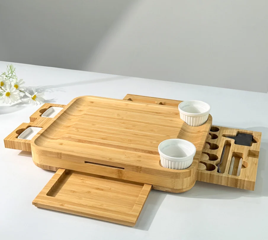 Home Kitchen Bamboo Cutting Board Set Four-Tray Cheese Board with Four-Drawer Dip Tray for Chopping Serving Wood Products