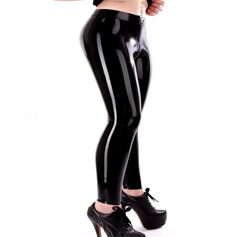 Latex Classic Leggings Pants Trousers High Waist with Crotch Zipper