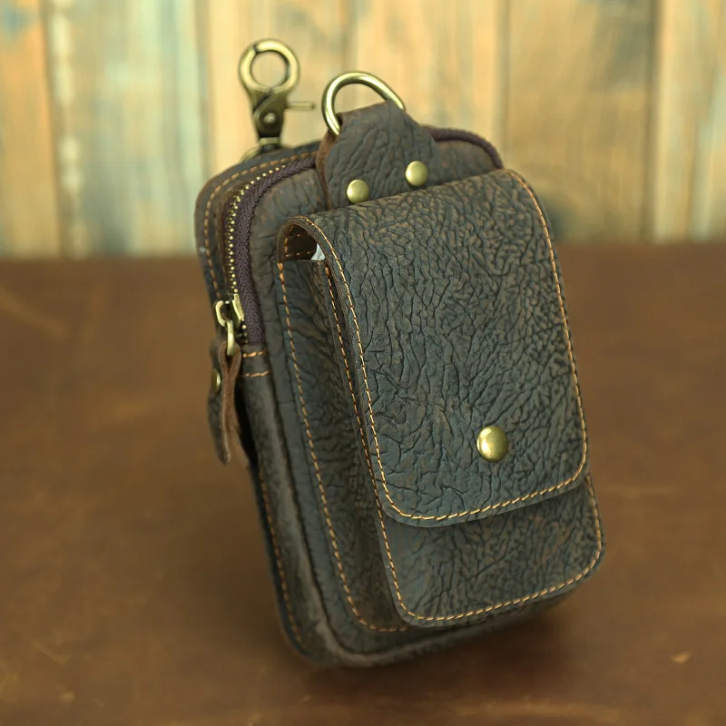 New Simple Belt Bag Mobile Phone Bag Genuine Leather Sports Outdoor Men's Bag Horizontal Stripe Pattern Leisure Style