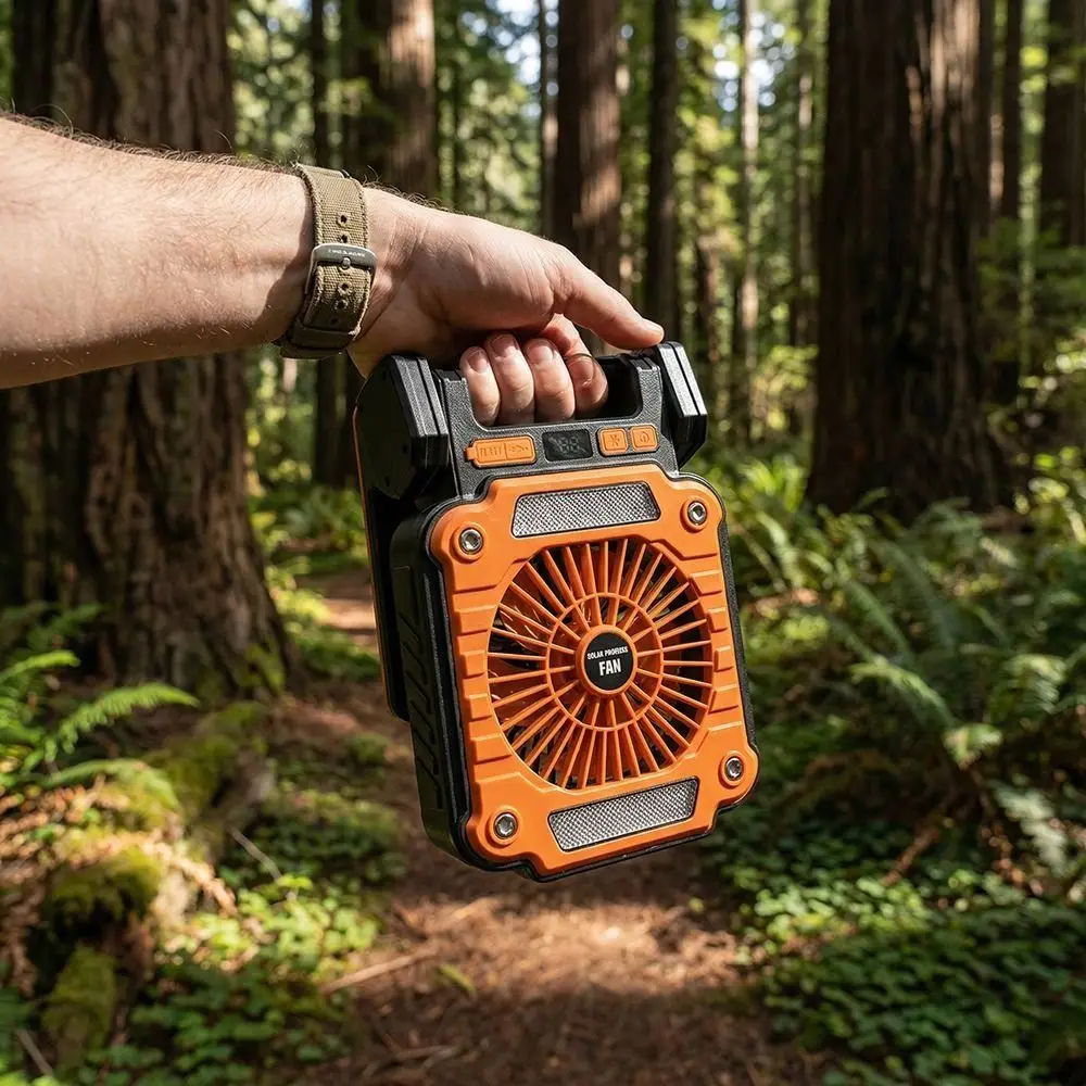 Green/Orange Camping Fan Folding Design Solar Powered Portable USB Fan USB Charging LED Lights Solar Electric Fan Tent Lighting