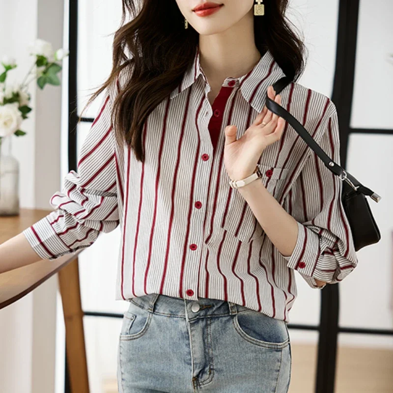 Shirts for Women New Slim Women\'s Clothing Fashion Polo-Neck Striped Womens Tops Long Sleeved Blouse Women OL Autumn Women Shirt