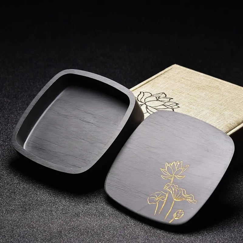Authentic She Inkstone with Lid - Natural Anhui Slate Calligraphy Ink Box | Non-Leak Design 10x10x3 cm