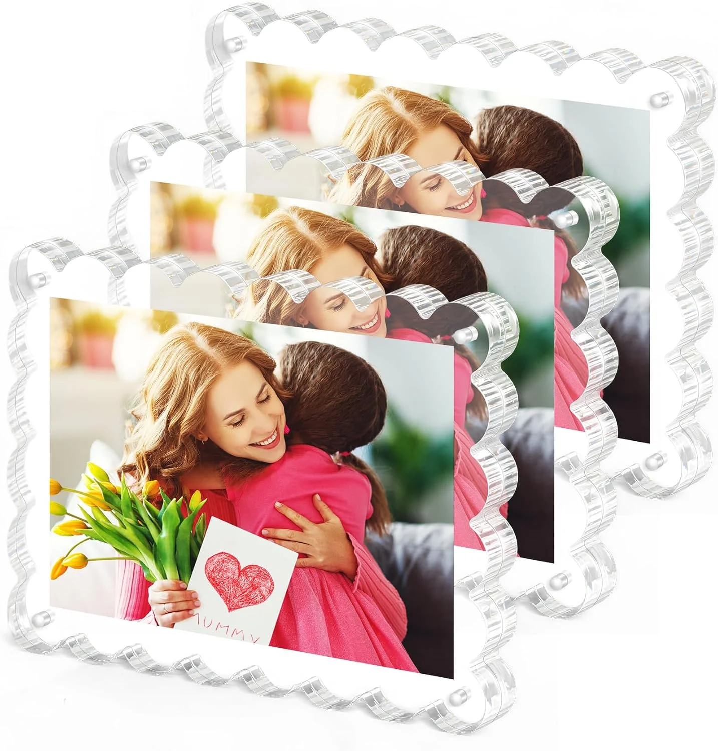 Magnetic Acrylic Picture Frames 3 pack Scalloped Photo Frame Double Sided Clear Frames for Desktop Trendy Home Gift