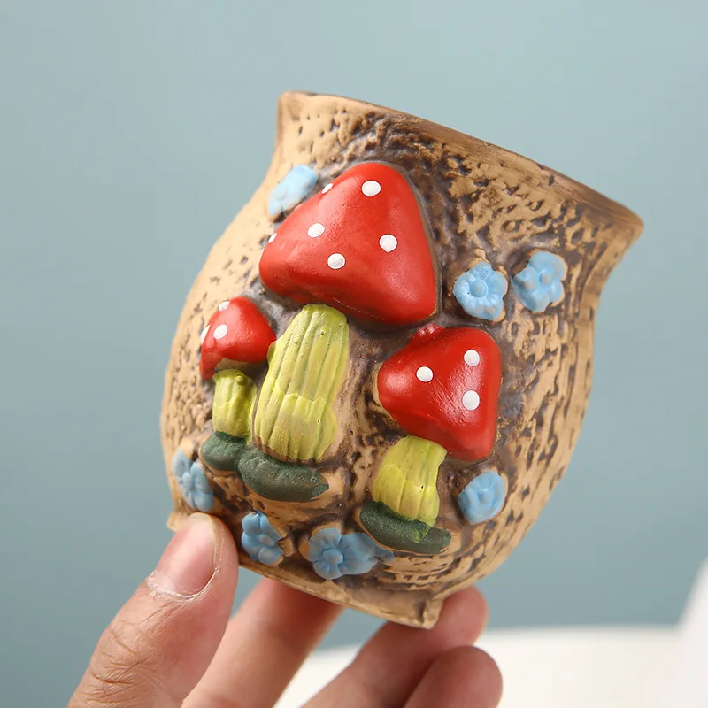 Hand Painted Coarse Ceramic Planter, Bisque Succulent Pot with Hole for Aged Plant, Desktop Bonsai Decor - Detail 1