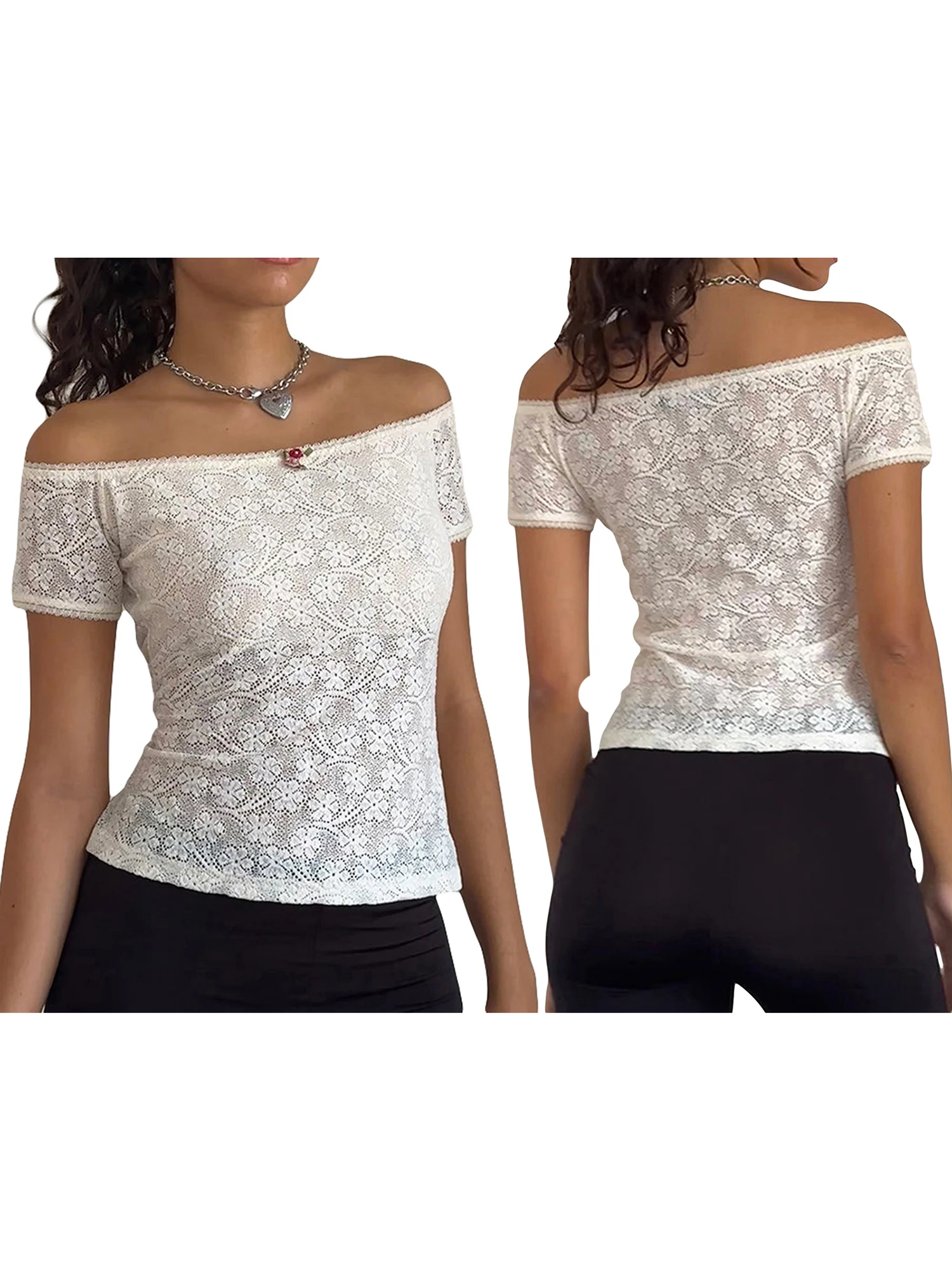 Blusa elegante de encaje para mujer, Top de manga corta con cuello barco y hombros descubiertos, camisa informal de verano, ropa de calle a la moda