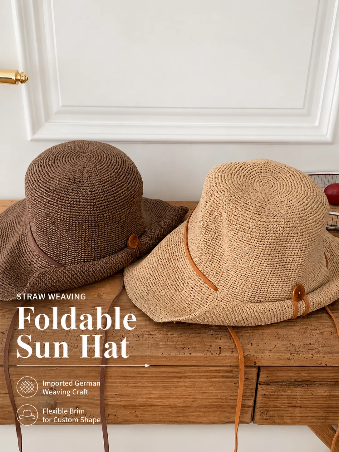 USPOP Women's Foldable Paper Straw Sun Hat Wide Brim Memory Wire Beach Hat with Button Design UV Protection
