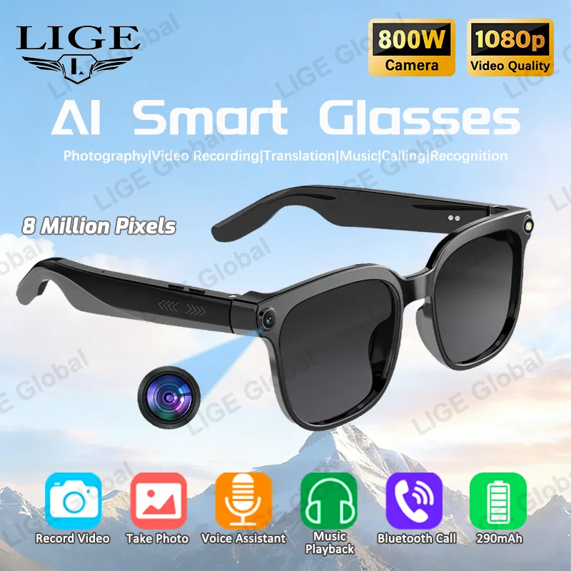 

LIGE AI HD Smart Glasses 8MP Camera AI Photo Recognition Bluetooth Call Chat Voice Assistant Control 290mAh Smart Sunglasses New