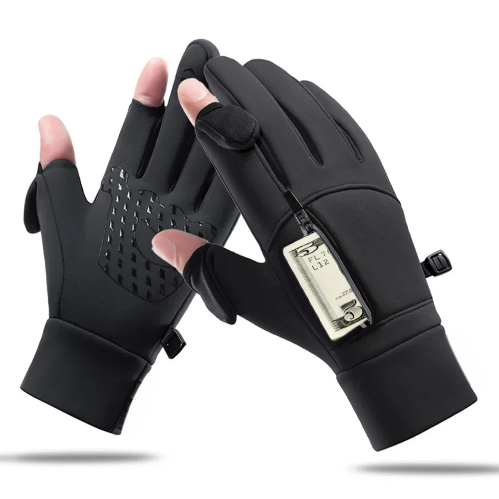 Seasonal Clearance Outdoor Gloves Bicycle Gloves Flip Exposed Two-finger Zipper Touch Screen Gloves Windproof Ski Fishing Gloves