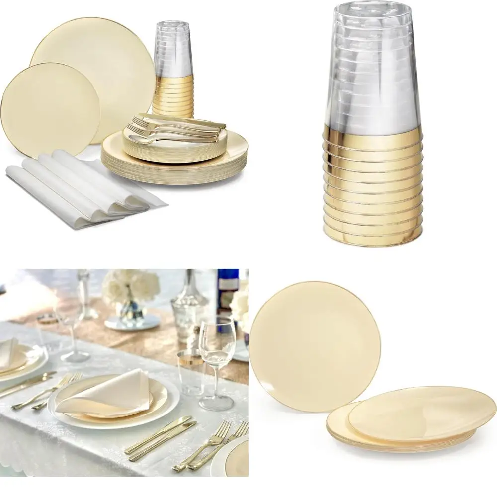 

Disposable Wedding Party Plastic Plate Set for 25 Guests: 50 Plates, Silverware, Cups, Napkins