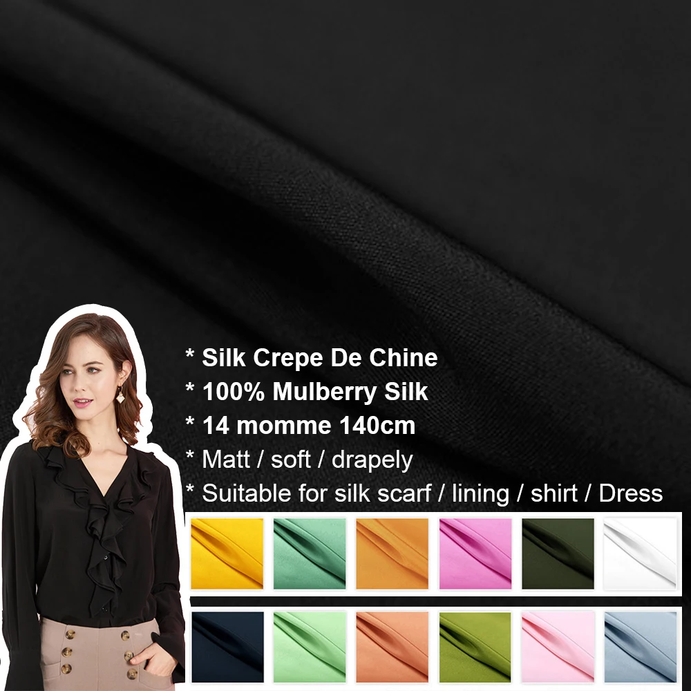 SILK CREPE DE CHINE 140cm width 14momme 100% Pure Silk Fabric For Dress and Shirts DIY Sewing Material Color Collection