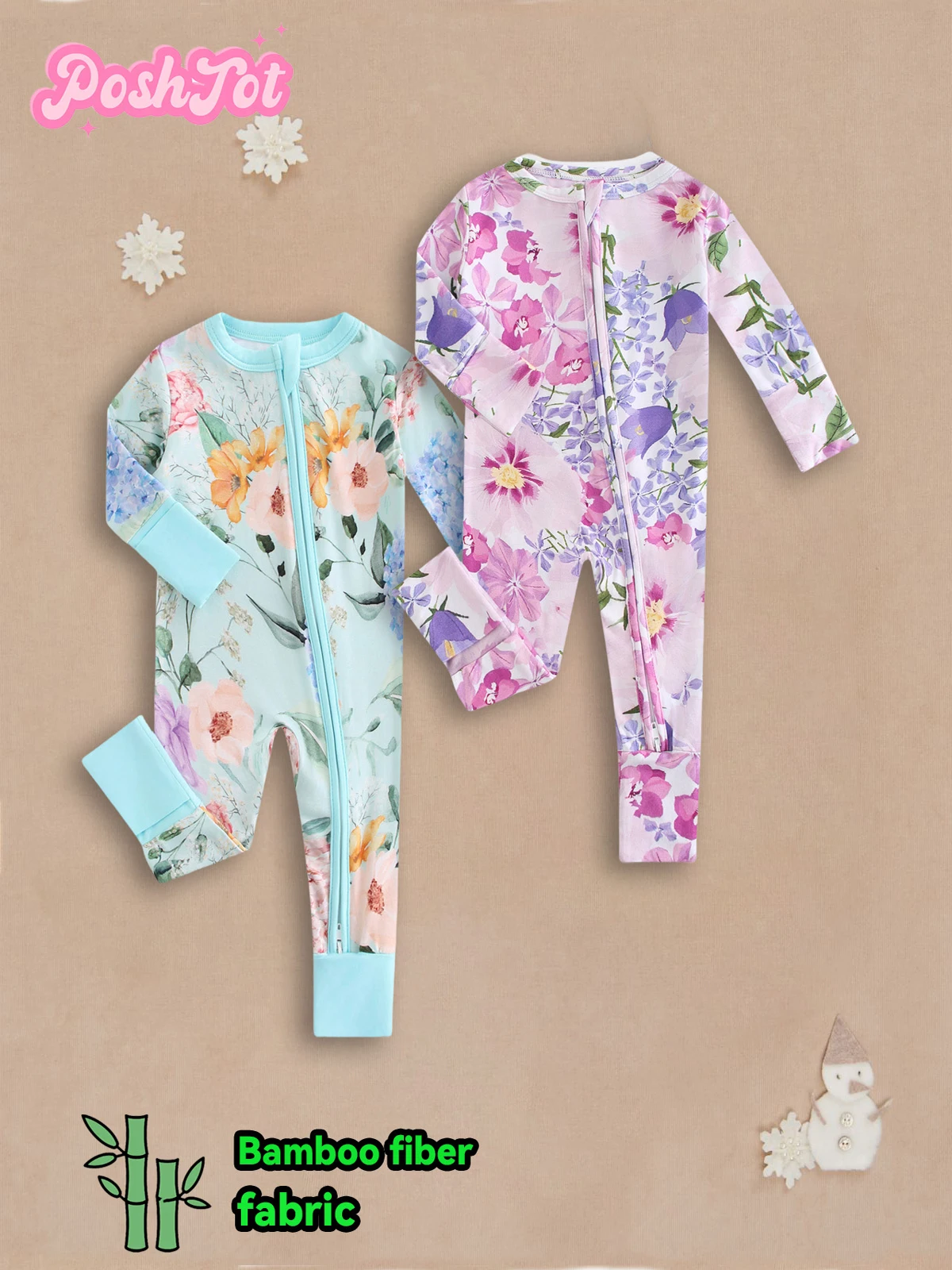 

2Pcs POSHTOT Flower pattern fiber baby long sleeve. Baby pajamas two-way zipper 0-2 years romper. Baby jumpsuit.