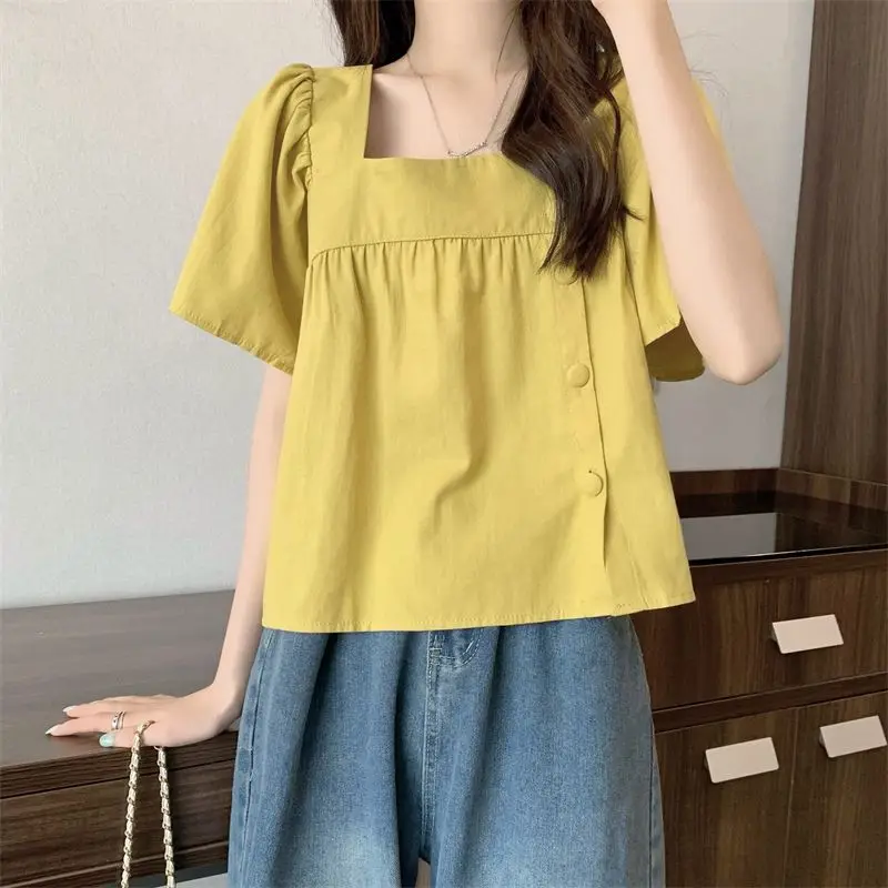 Blouses Women Temper Solid Irregular Tops Square Collar Loose Casual Summer French Style Chic All-match Simple Streetwear Sweet