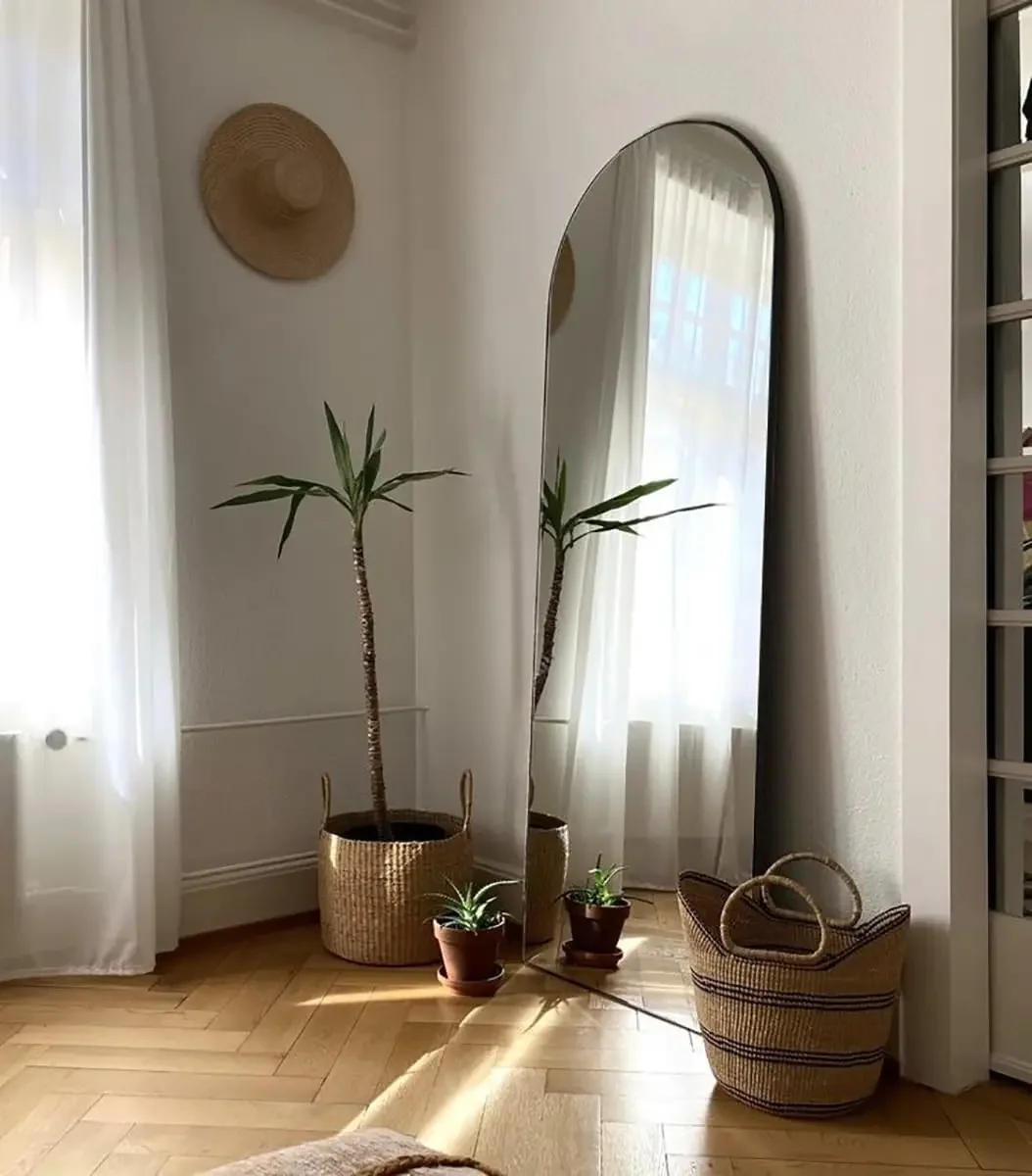 Espelho de chão autônomo de comprimento total arqueado, 64 x 21 polegadas, moldura preta, decoração elegante para casa