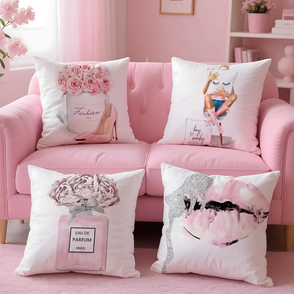 Elegant Perfume Bottle Pink Flowers Cushion Cover Plush Fabric Soft Double-Sided Printed Sofa Warm Winter Home Gift Pillow Cover