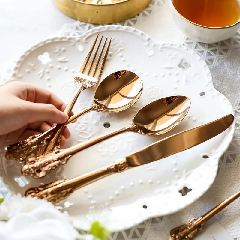 European retro palace style 304 stainless steel rose gold embossed mirror tableware Western food knife, fork and spoon