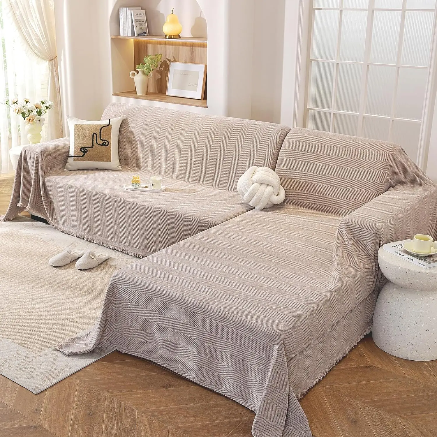 

L-Shaped Sectional Couch Cover, Washable Pet Furniture Protector, 2-Piece Set in Khaki (71x118+91x134)