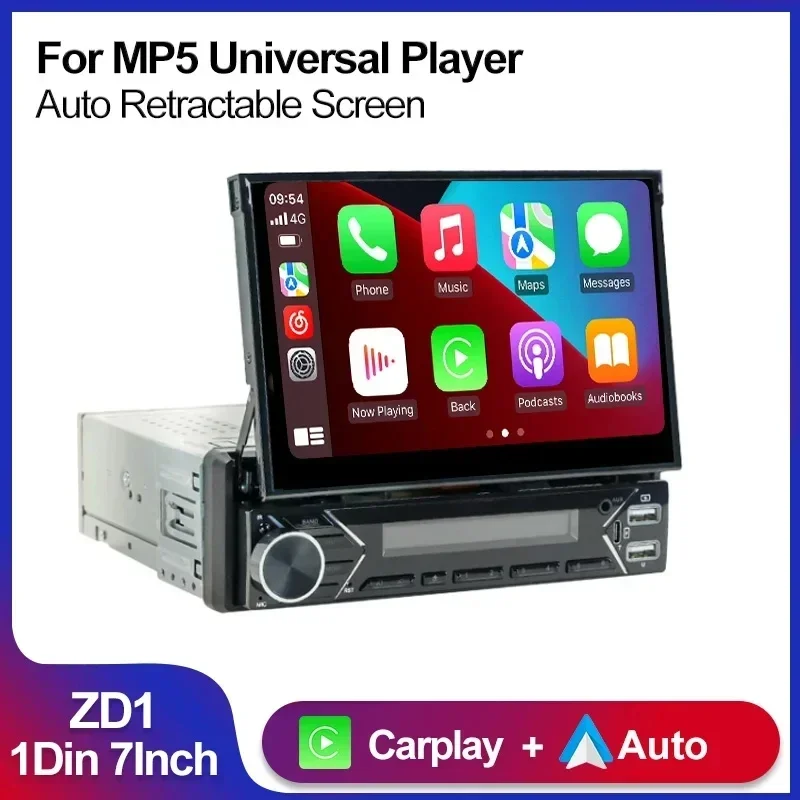 

7inch Wireless Car Play Android Auto Multimedia Video Player 1 Din Radio Stereo MP5 BT/FM/USB/AUX Retractable Screen Mirror Link