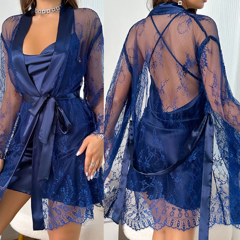 Women 2PCS Silky Kimono Robe Gown Sets Mesh Robe & Suspender Nightgown Suit Lady Lingerie Bathrobe Sexy Perspective Sleepwear