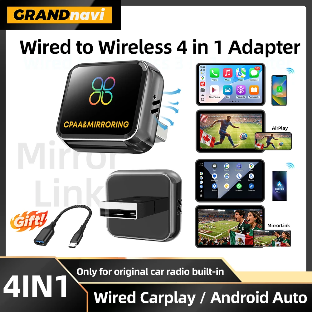 2026 Upgrade 4-in-1 Kabelloser Carplay-Dongle Android Auto Mirror Link Bildschirm Plug & Play Bluetooth für Apple iOS und Android-Telefone