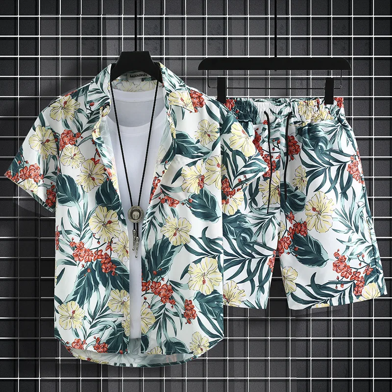 Classic Comfortable Hawaii Flowers Plants 3D Print Shirt +Shorts Two Piece Set Short Sleeve Flip Collar Shirts Short Pants