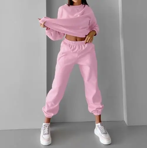 

Solid Color Round Neck Long Sleeved Sweatshirt and High Waisted Ankle Pants Set for Autumn and Winter Women's Sports Suit