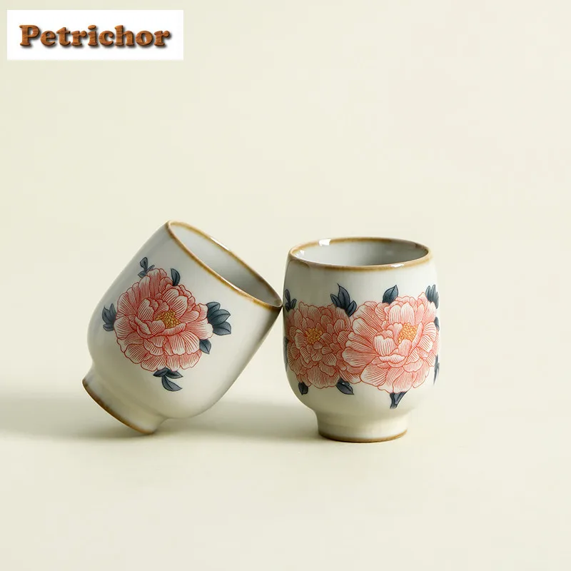 

2pc/lot Off-white Lard Jelly Ru Kiln Peony Teacup Zen Tea Bowl Water Jug Tea-tasting Fragrance Cup Chazhan Master Cups Cha Craft