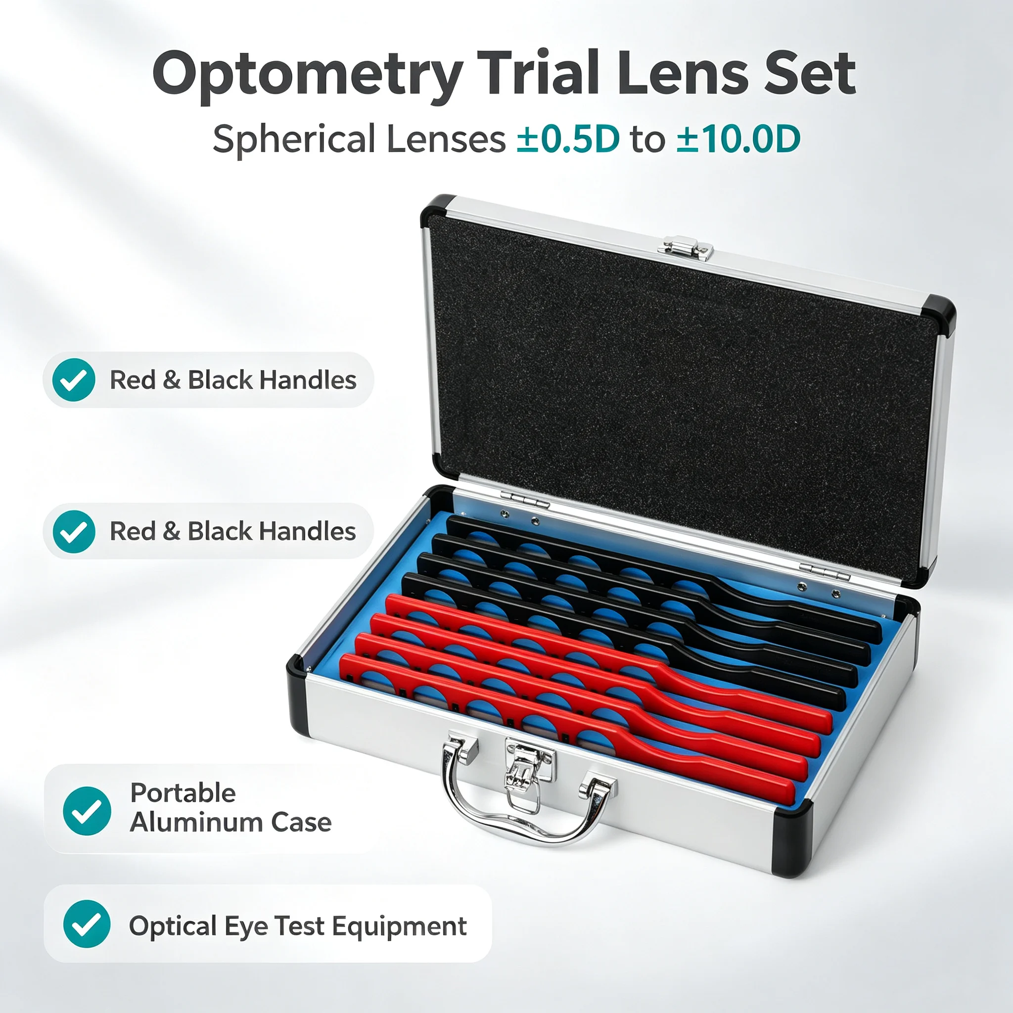 8Pcs/Set Handheld Optometry Trial Lens Set, ±0.5~±10.0D Spherical Lenses (Red Minus/Black Plus), Aluminum Case Packed