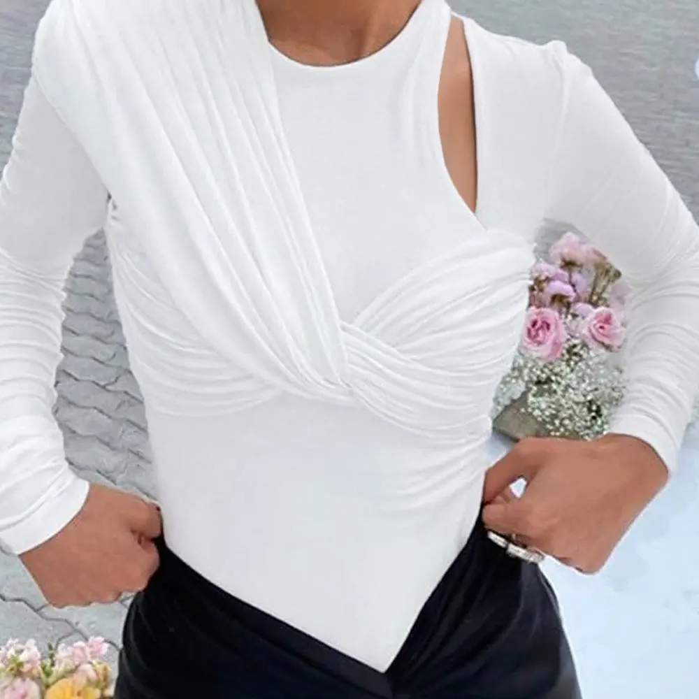 تي شيرت نسائي بأكمام طويلة ورقبة دائرية، نمط شارع عادي للخريف والشتاء، تصميم أساسي يومي #1