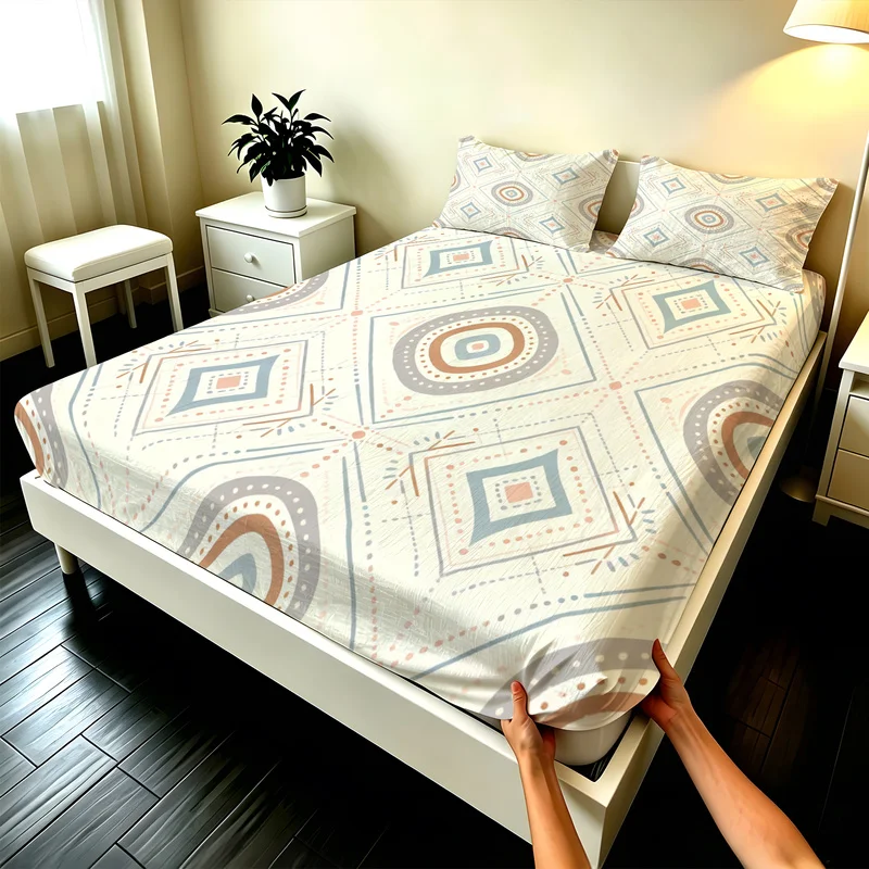 3Pcs Polyester Boho Fitted Sheet Set,Deep Pocket,Multi-Sizes,Durable,Bohemia Geometric Motif Design,Modern Bedroom Decor