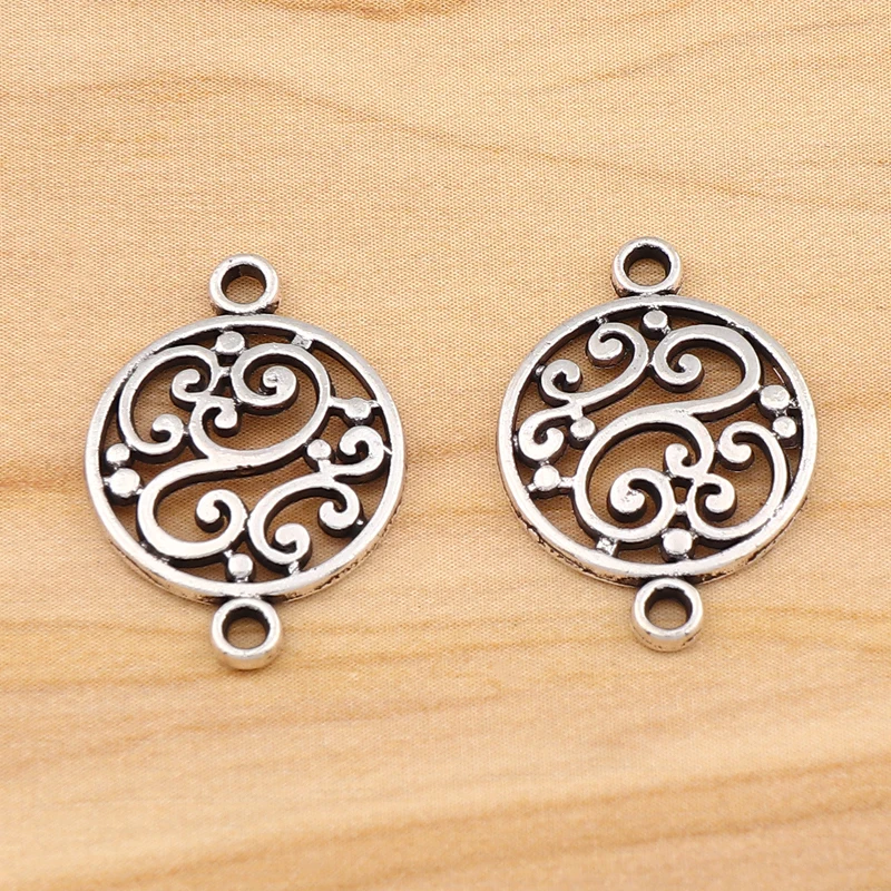 

50 Pieces Tibetan Silver Hollow Flower Round Connector Charms Pendant for DIY Bracelet Jewellery Making Finding Accessories