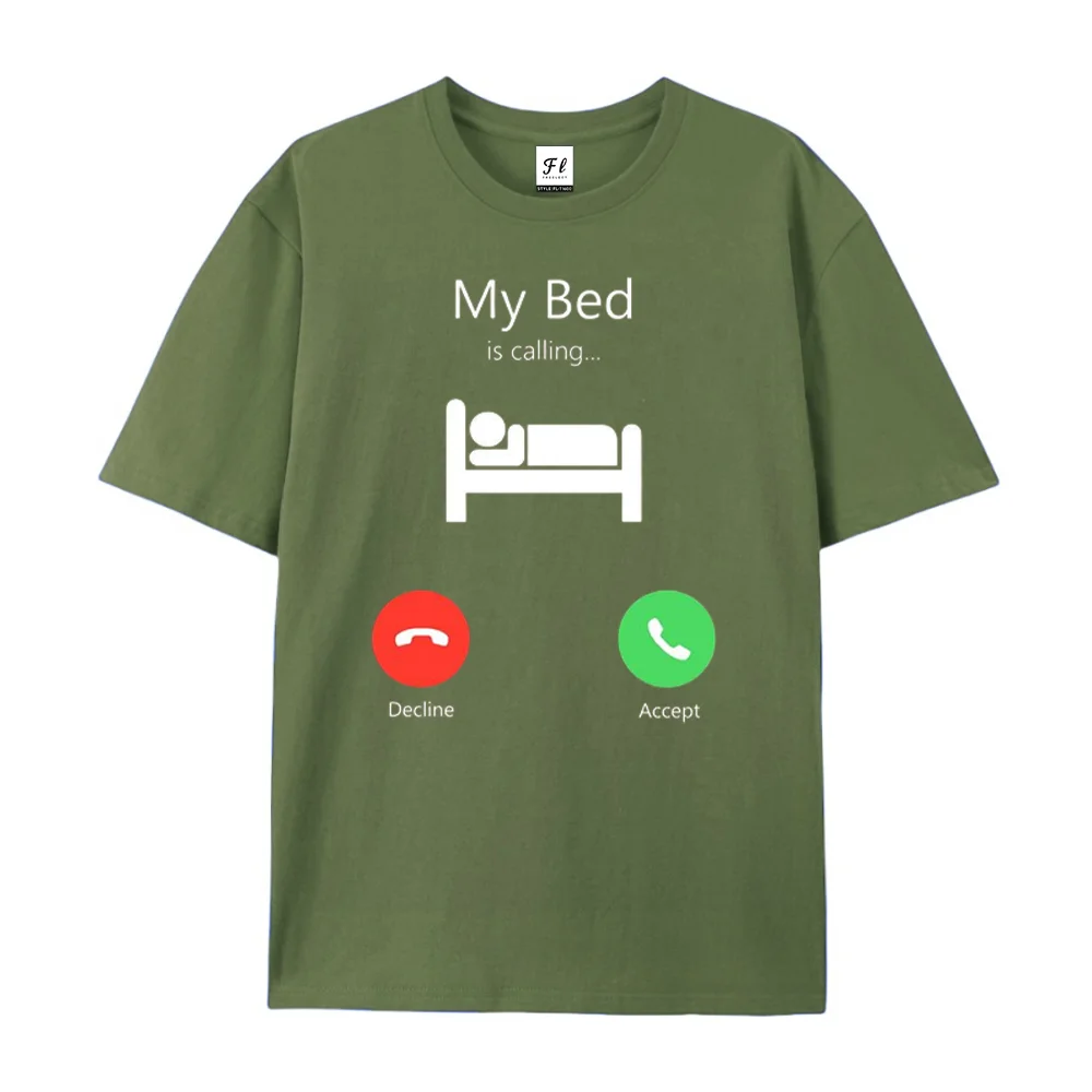 Men's My Bed Is Calling Funny Graphic T Shirt Phone Call Decline Accept Slogan Tee Summer Casual Short Sleeve Tops Streetwear