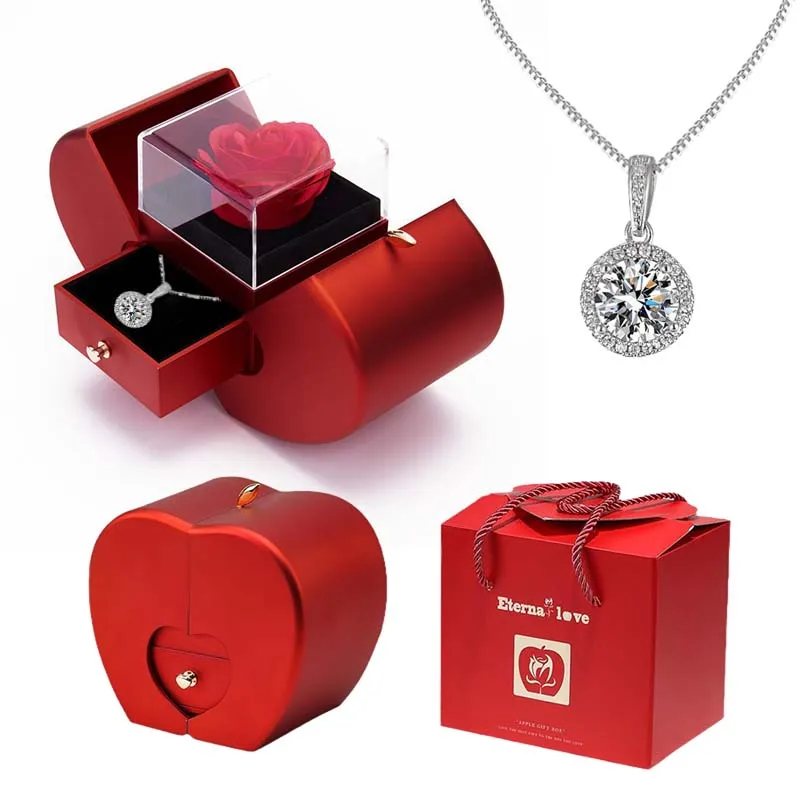Heart - Shaped Red Gift Box with Preserved Rose - Eternal Love Jewelry Necklace Set for Valentine’s Day/Wedding/Gifts