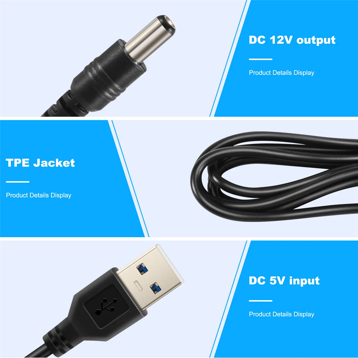 USB-Kabel 5,5 mm / 2,1 mm 5 V DC-Laufbuchsen-Stromkabel (schwarz, 75 cm)