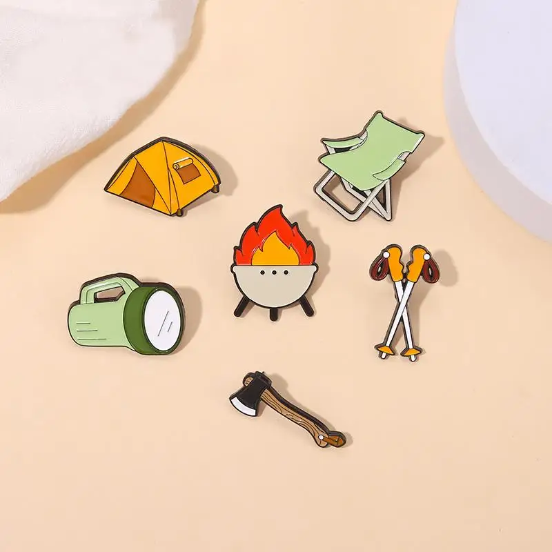 Go Camping Enamel Pins Custom Tent Trekking Poles Bonfire Flashlight Brooches Lapel Badges Adventure Jewelry Gift for Friends