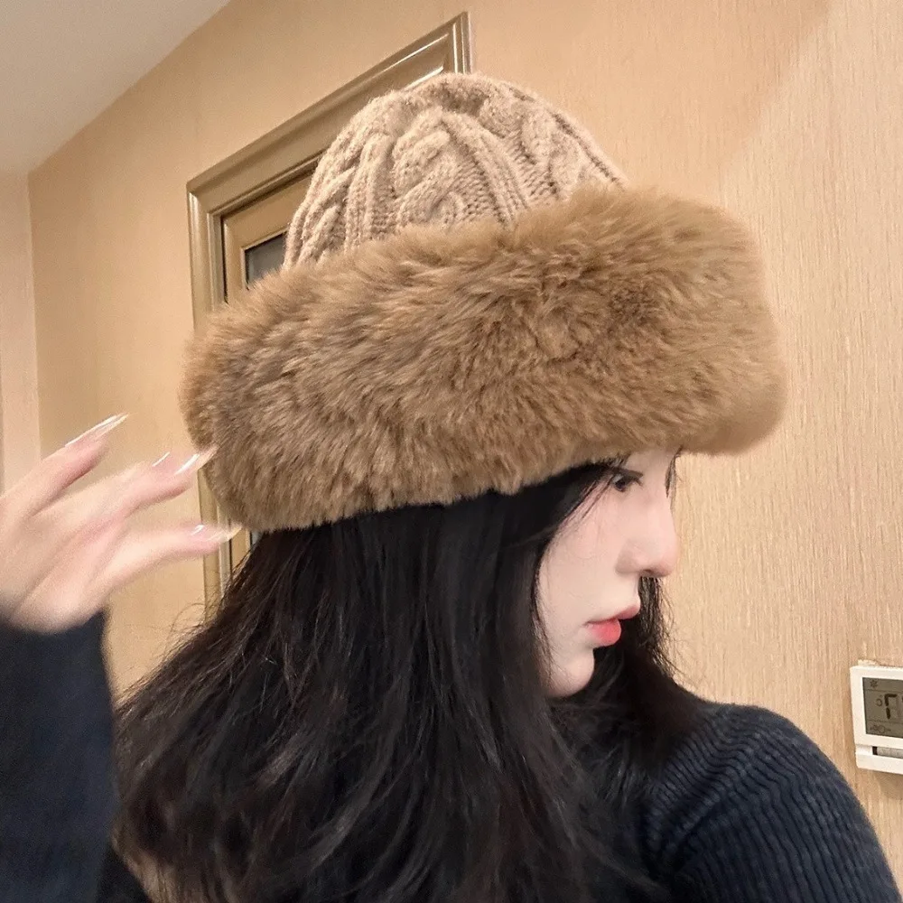 Korean Style Faux Fur Bucket Hat Thicken Keep Warm Plush Fisherman Hat Solid Color Ear Protection Winter Women Hat Outdoor
