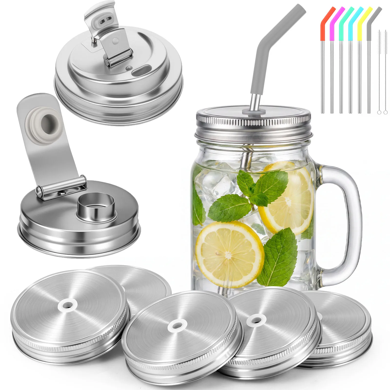 6/4Pcs Mason Jar Lid 70/86mm Stainless Steel Wide Mouth Mason Jar Lid with Hole 3 Style Lids Leak-proof Split-Type Canning Caps