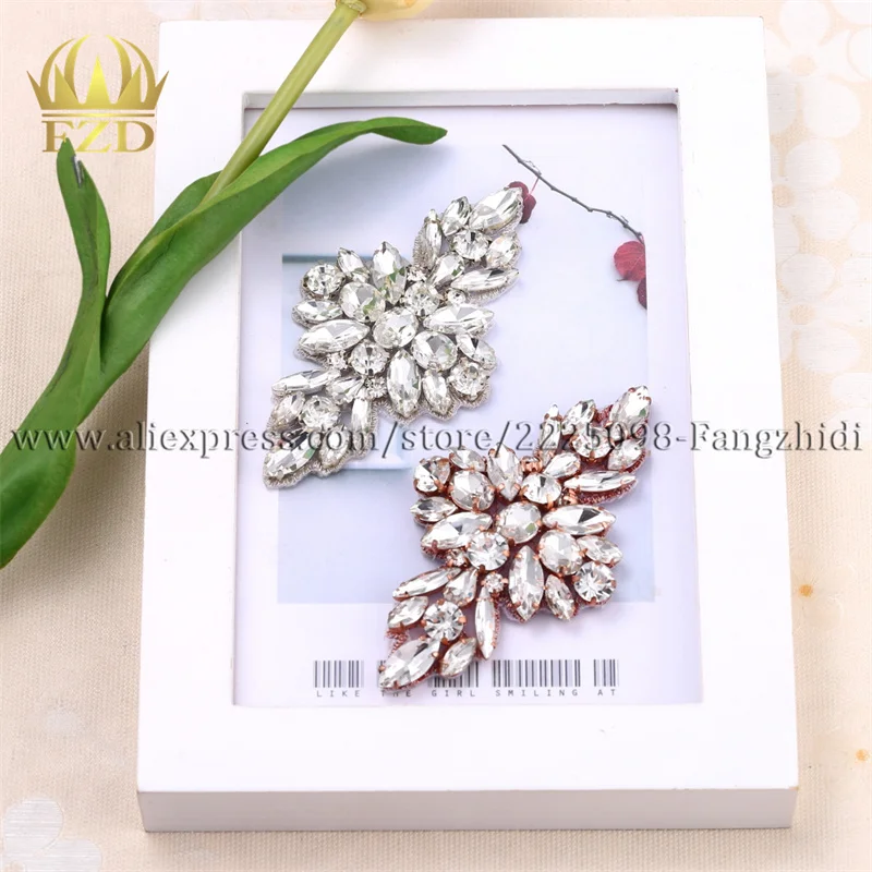 FZD 1 Pair Hot Fix Beaded Bridal Belt Rhinestone Appliqued Iron on Bow Shape Crystal flatback for Shoes Decoritive Wedding Dress