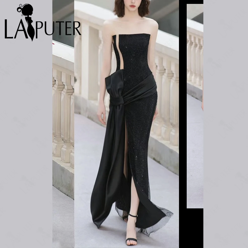 

Grid Sequin Black Evening Dresses off Shoulder Fit Mermaid Prom Gown with Slit Satin Bow Knot 2025 Celebrity Dress