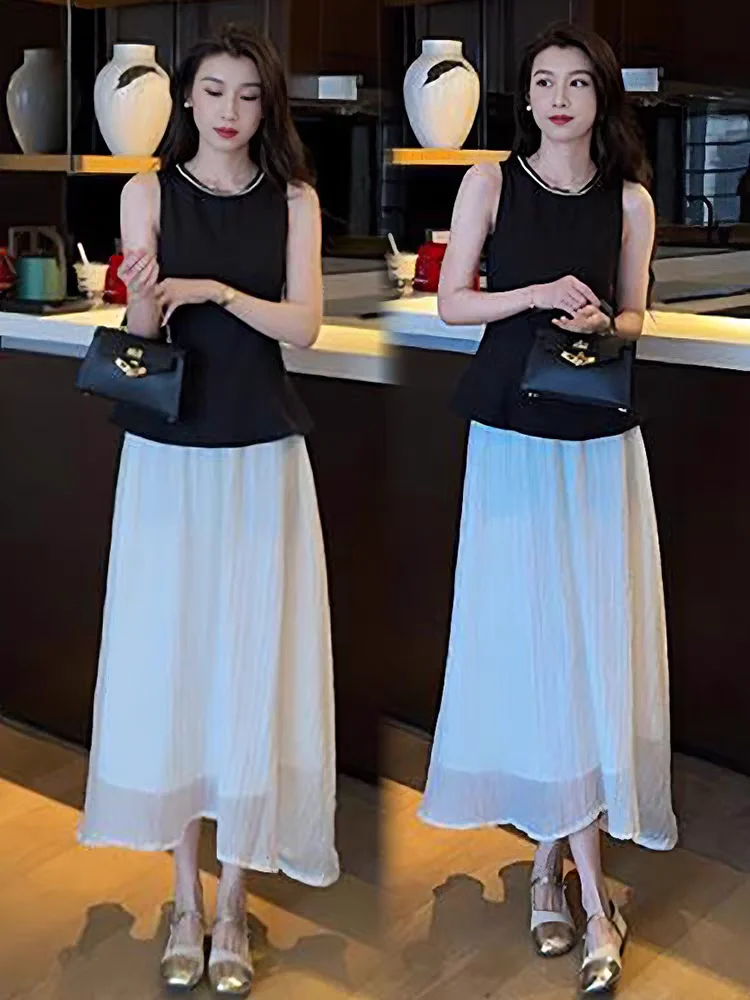 ファイオナブルサマー新作スリムラウンドネスベルドセットレディースハイウエストAラインスカートツーピースアンサンブル