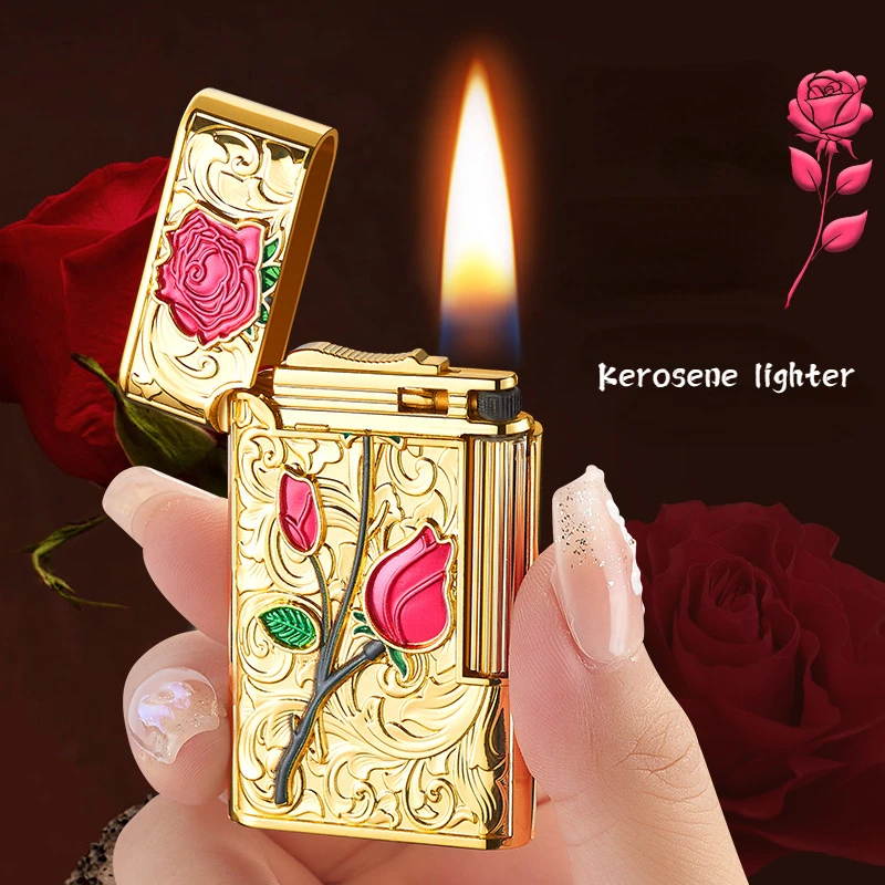 

The Latest Metal Side-beating Grinding Wheel Open Flame Kerosene Lighter Creative Personalized Rose Men's Gift Cigarette Lighter