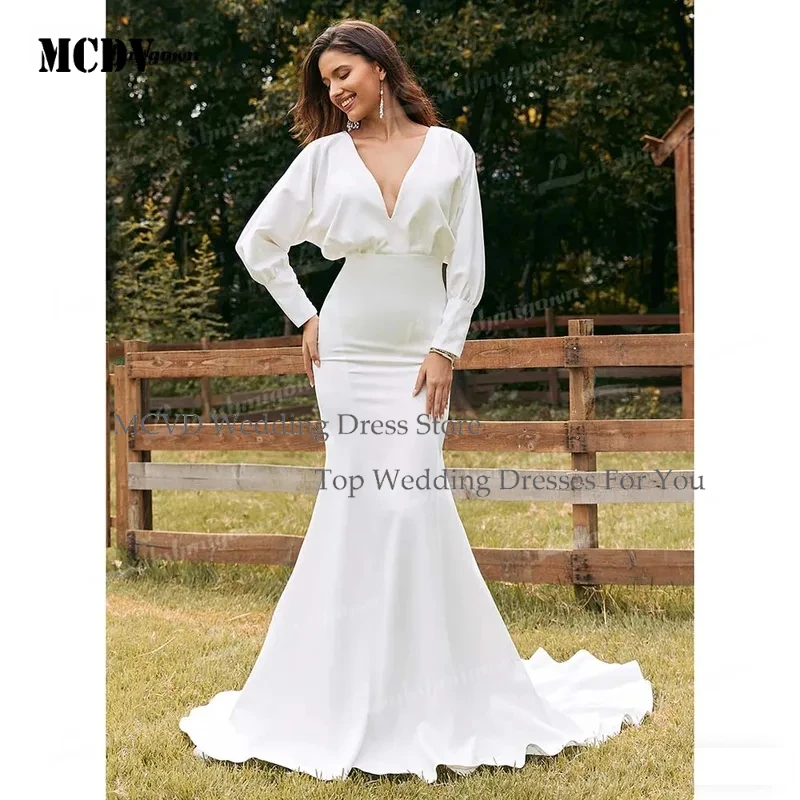 

MCDV Gown Long Sleeve Mermaid Wedding Dress 2026 Simple Elegant Open Back Sweep Train Bridal Gown Custom Fit